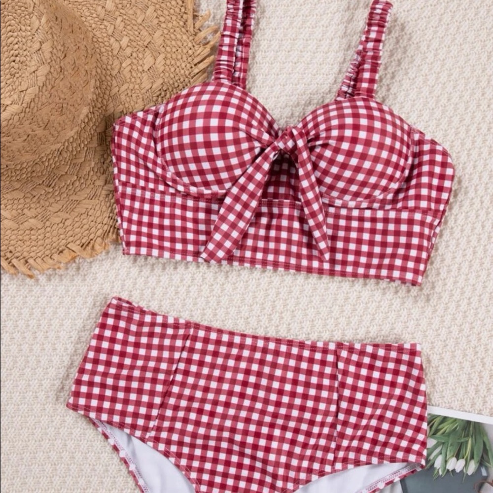 RED GINGHAM KNOT SWIMSUIT